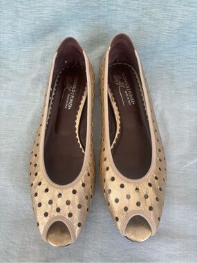 Donald J. Pliner Metallic Gold Peep-Toe Perforated Flats From Italy